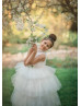 High Collar Ivory Tulle Layered Pearl Embellished Flower Girl Dress